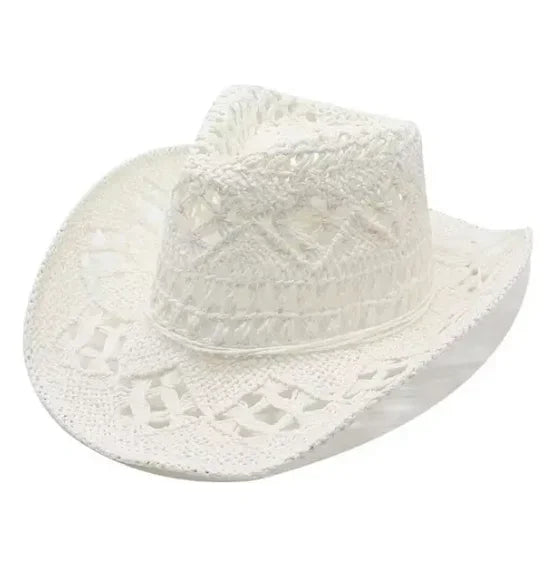 Straw Western Cowboy Hat for Women Men Classic Hollow Out Unisex Curled Wide Brim