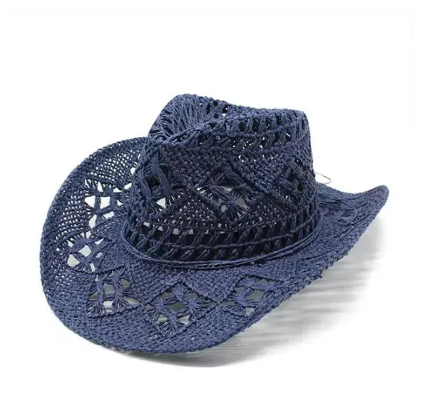 Straw Western Cowboy Hat for Women Men Classic Hollow Out Unisex Curled Wide Brim