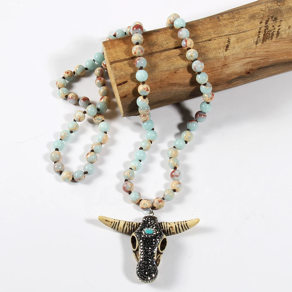Fashion Boho Women Jewelry Empire Stones Long Knotted Necklace Resin Bull Head Pendant Necklaces