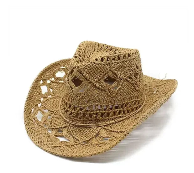 Straw Western Cowboy Hat for Women Men Classic Hollow Out Unisex Curled Wide Brim