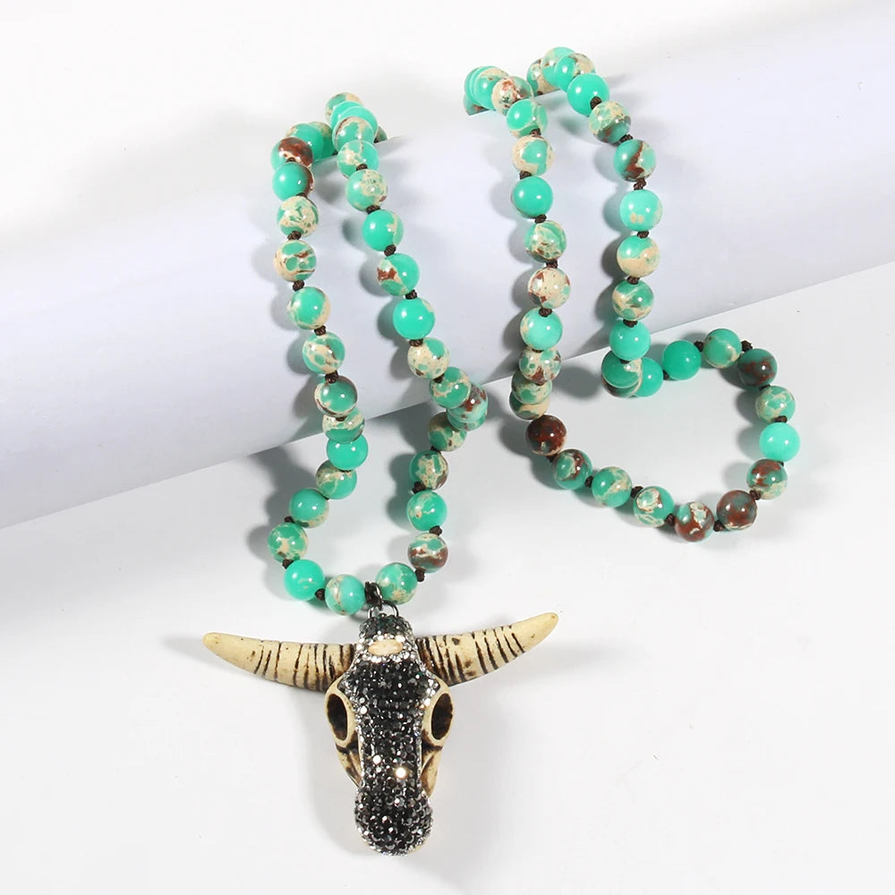Fashion Boho Women Jewelry Empire Stones Long Knotted Necklace Resin Bull Head Pendant Necklaces