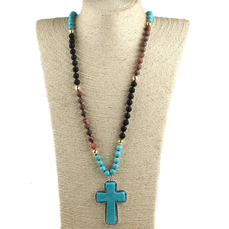 Bohemian western Jewelry 8mm Stone Knotted Cross Pendant Necklace For Women