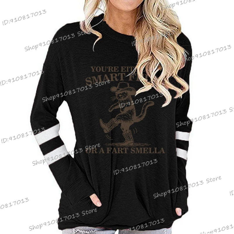 Vintage Western Cowboy Cat T-shirt Women "You're Either A Smart Fella or A Fart Smella" Print T Shirts Long Sleeve Ladies Tshirt