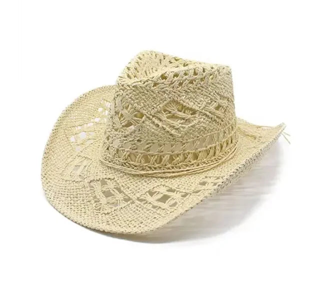 Straw Western Cowboy Hat for Women Men Classic Hollow Out Unisex Curled Wide Brim