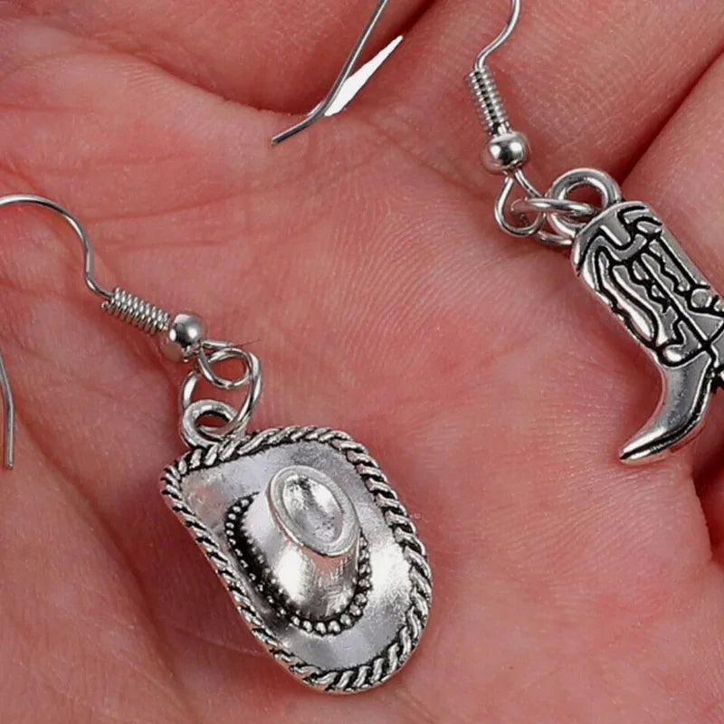 Vintage Style Silvery Cowboy Hat Earrings Cowgirl Boot Pendant Dangle Earrings for Women