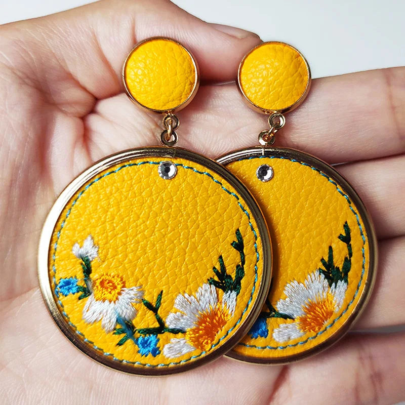 Country Western Leather Embroidery Flowers Earrings