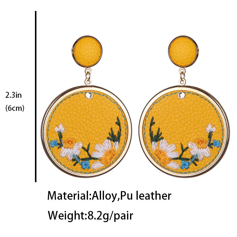 Country Western Leather Embroidery Flowers Earrings