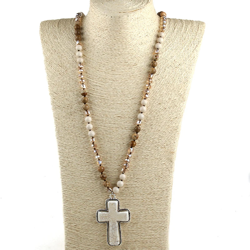 Bohemian western Jewelry 8mm Stone Knotted Cross Pendant Necklace For Women