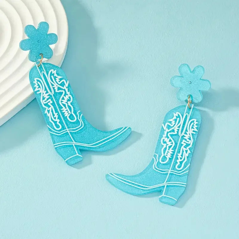 Flower & Western Cowgirl Boots Design Dangle Earrings Cowboy