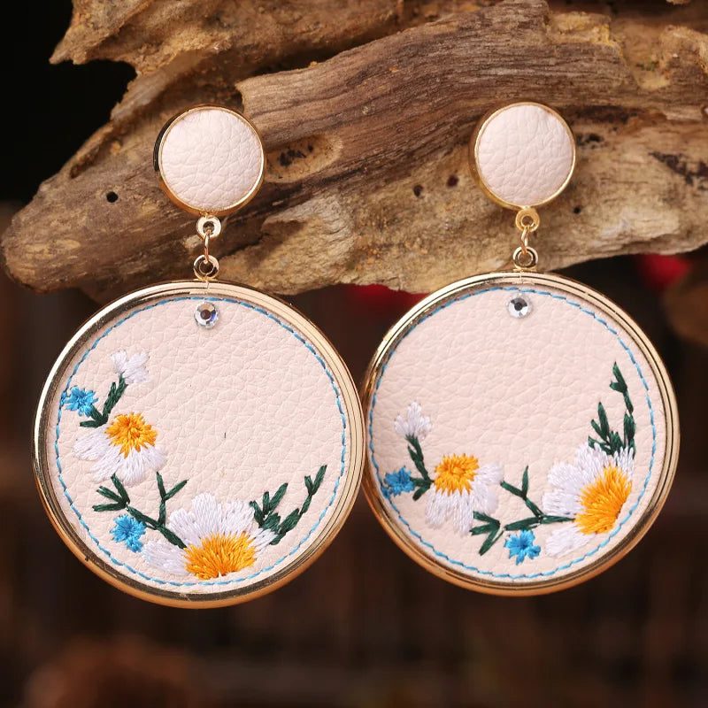 Country Western Leather Embroidery Flowers Earrings