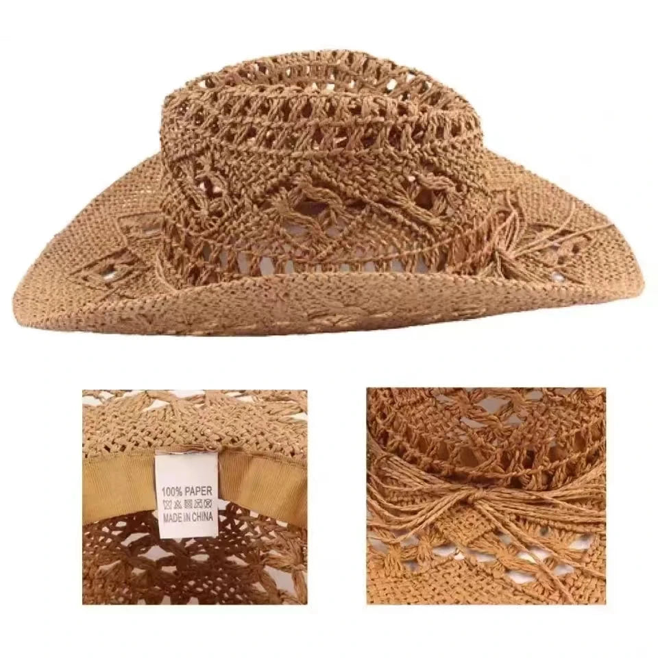Straw Western Cowboy Hat for Women Men Classic Hollow Out Unisex Curled Wide Brim