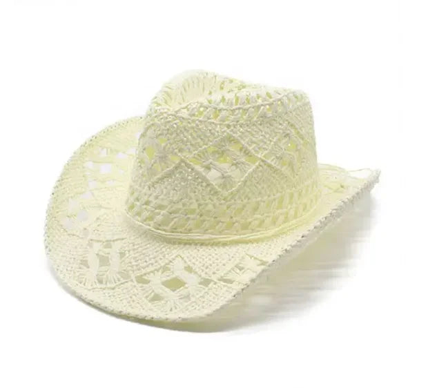 Straw Western Cowboy Hat for Women Men Classic Hollow Out Unisex Curled Wide Brim