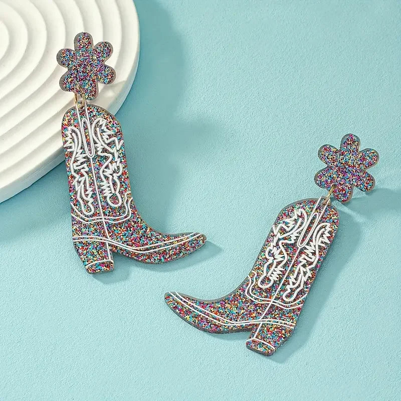 Flower & Western Cowgirl Boots Design Dangle Earrings Cowboy