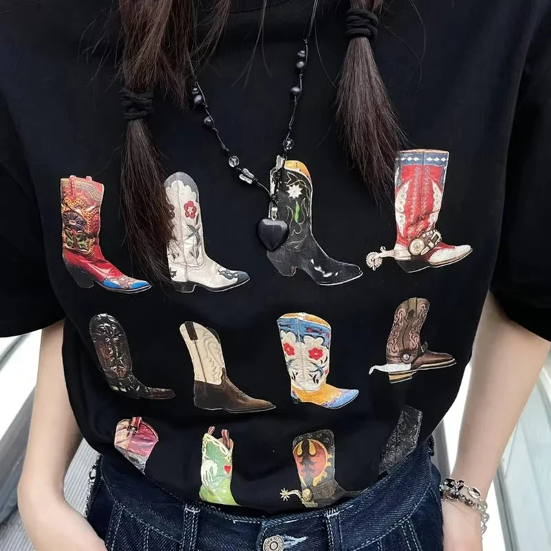Summer Western Boot Cotton T-Shirt Women Loose Vintage Boho Texas Cowgirl Cowboy Cute Graphic Tees Hippie Oversized Tops