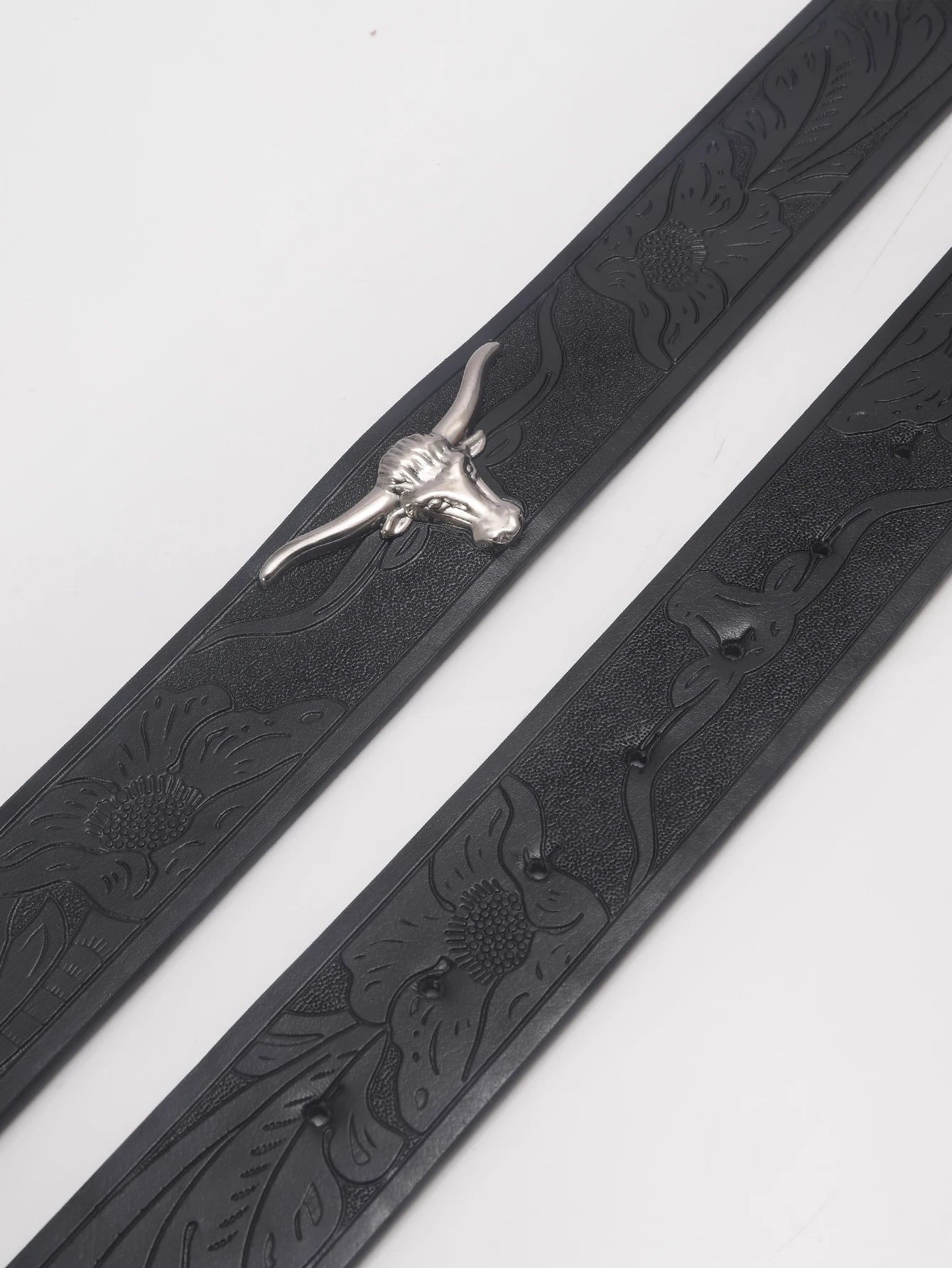 Western Cowboy Pu Leather Belt  Black Belt with Long Horn Bull Western Belt Buckle