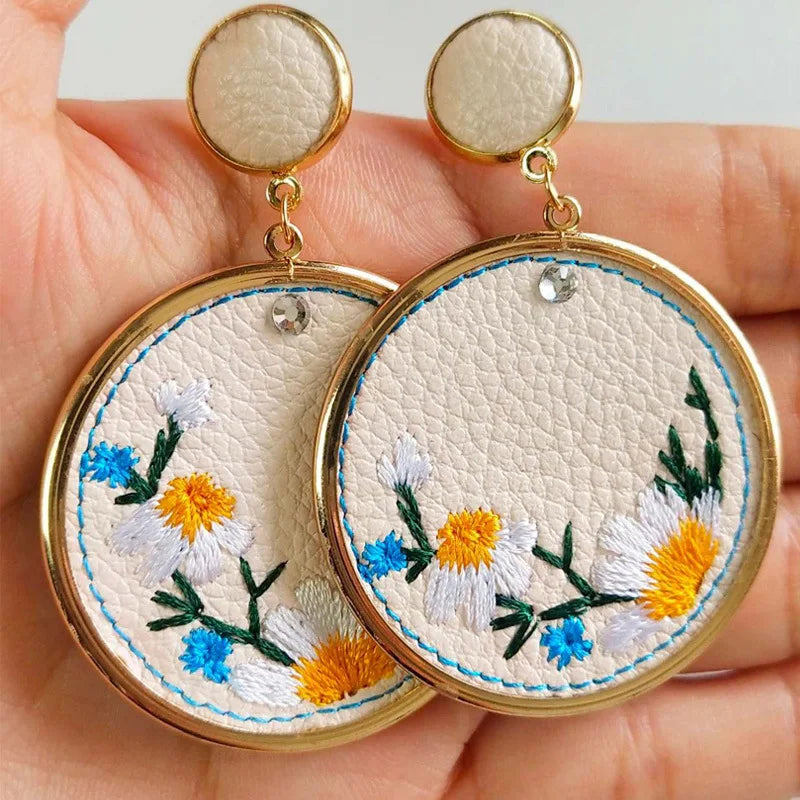 Country Western Leather Embroidery Flowers Earrings