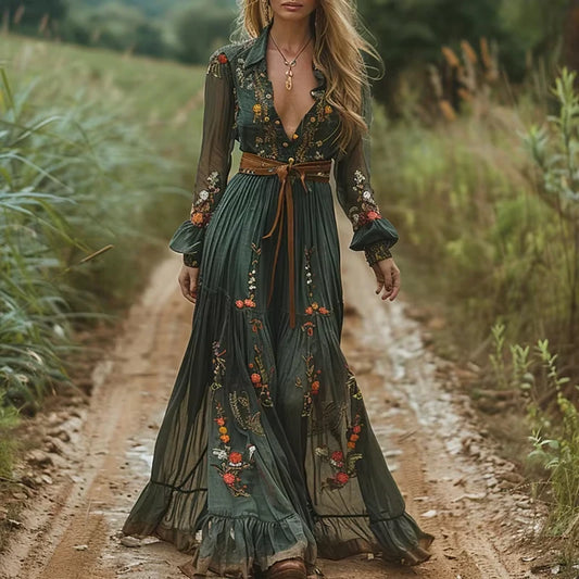 Vintage Pattern Printed Long Sleeved Women's Dress Casual V-neck High Waist Pleated Dress Elegant Loose Bohemian