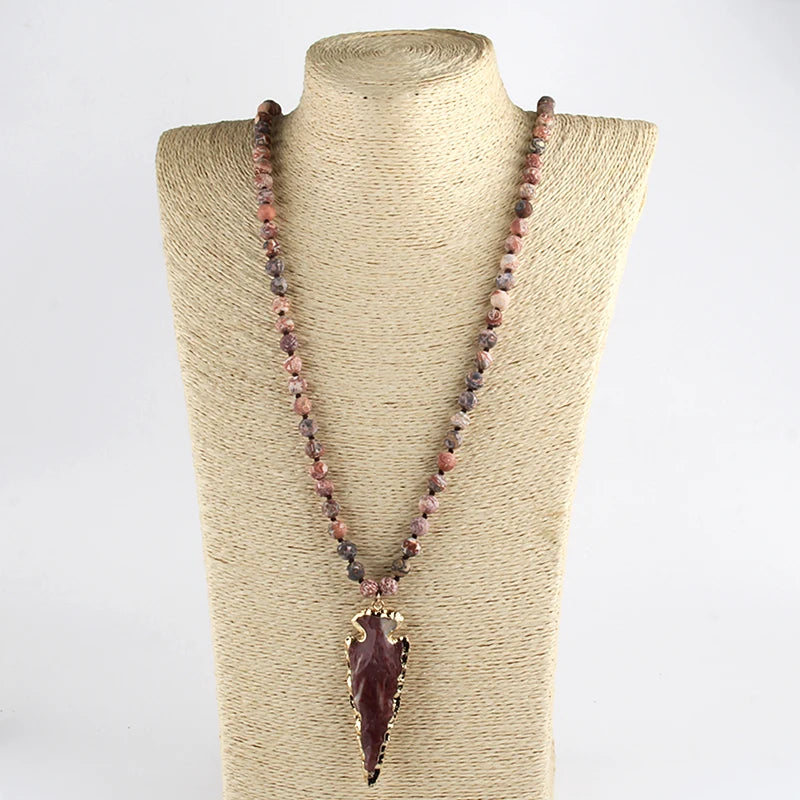 New Fashion Bohemian Tribal Jewelry Natural Stone Knotted Necklaces Arrowhead Pendant Women Ethnic Necklace