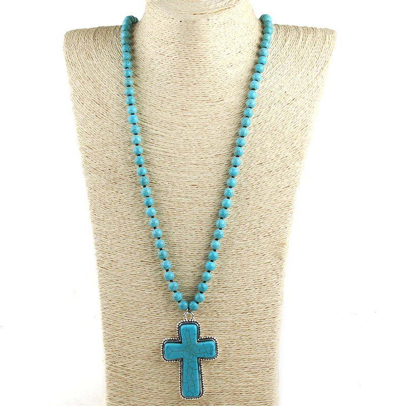 Bohemian western Jewelry 8mm Stone Knotted Cross Pendant Necklace For Women
