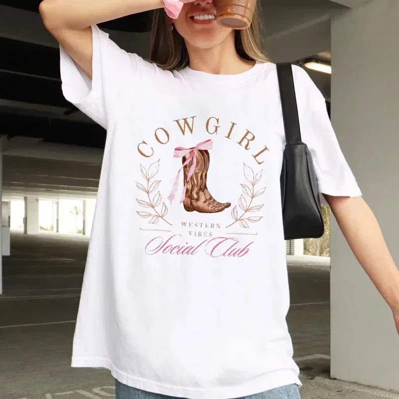 Coquette Cowgirl Boots Trendy Printed T-Shirt Short Sleeved Short Sleeved Printed Basic Top Clothing O-Neck Summer New T-Shirt.