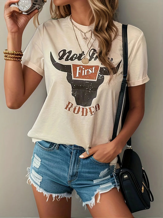 Nor My First Rodeo Graphic Tee Shirts Women Steer Skull Western T-Shirt