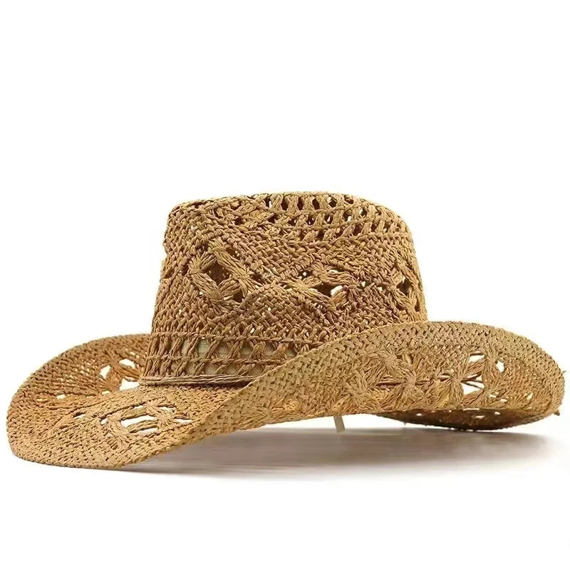 Straw Western Cowboy Hat for Women Men Classic Hollow Out Unisex Curled Wide Brim