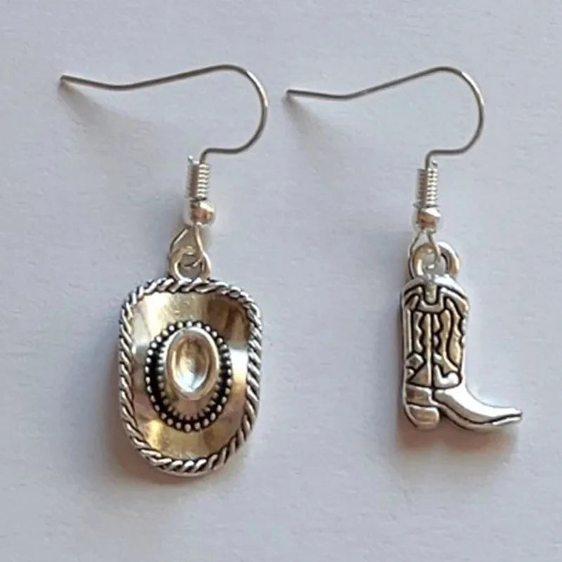 Vintage Style Silvery Cowboy Hat Earrings Cowgirl Boot Pendant Dangle Earrings for Women