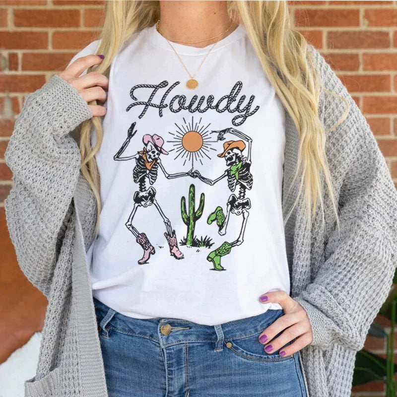Howdy Cowgirl Western Style Skeletons Funny T Shirt