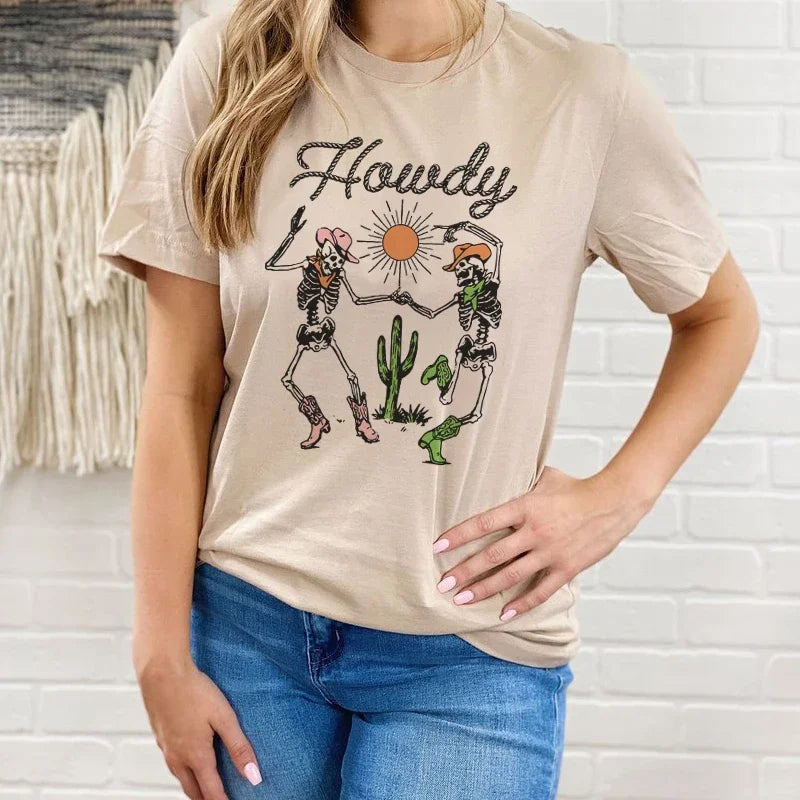 Howdy Cowgirl Western Style Skeletons Funny T Shirt