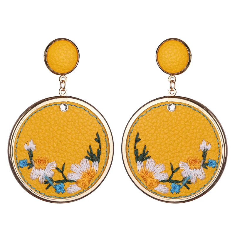 Country Western Leather Embroidery Flowers Earrings