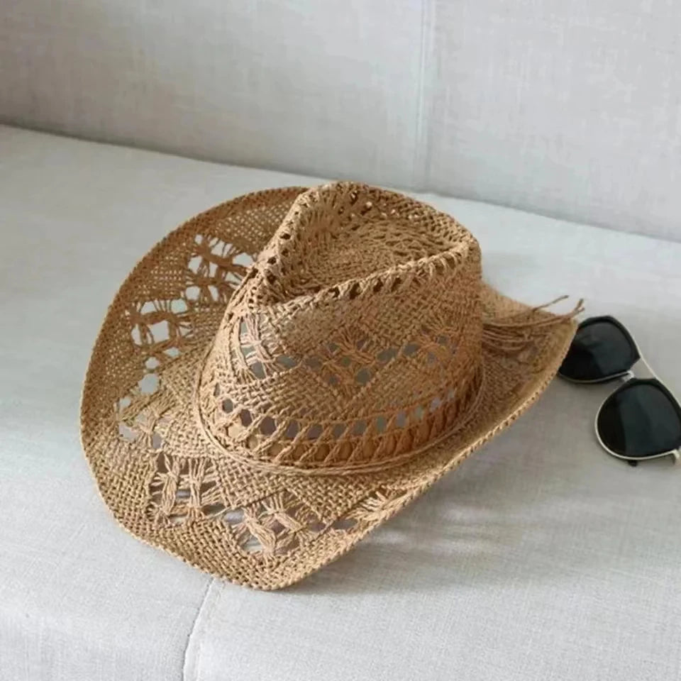 Straw Western Cowboy Hat for Women Men Classic Hollow Out Unisex Curled Wide Brim