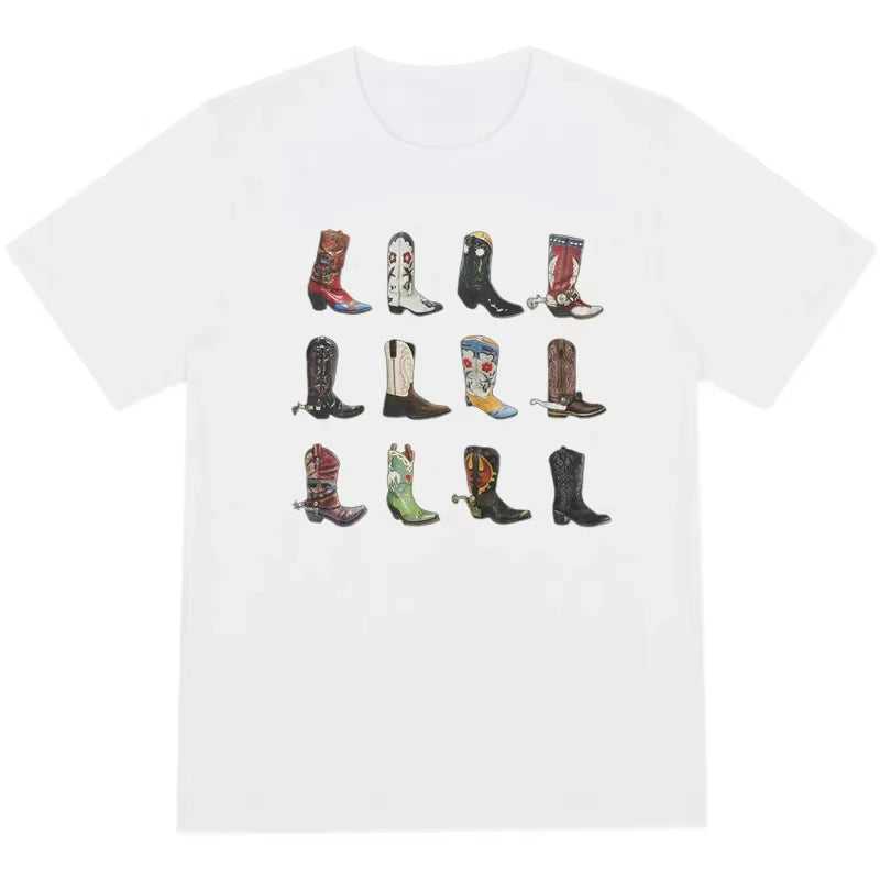 Summer Western Boot Cotton T-Shirt Women Loose Vintage Boho Texas Cowgirl Cowboy Cute Graphic Tees Hippie Oversized Tops