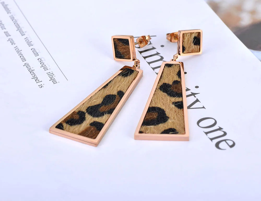 Leopard Leather Geometric Dangle Earrings