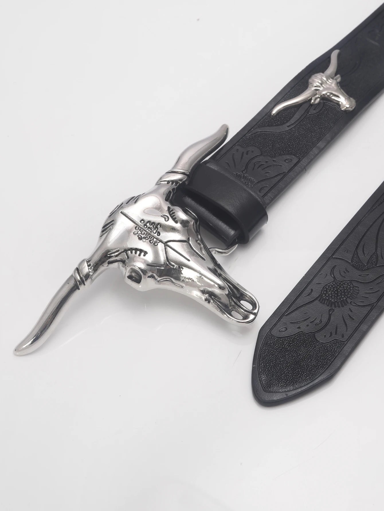 Western Cowboy Pu Leather Belt  Black Belt with Long Horn Bull Western Belt Buckle