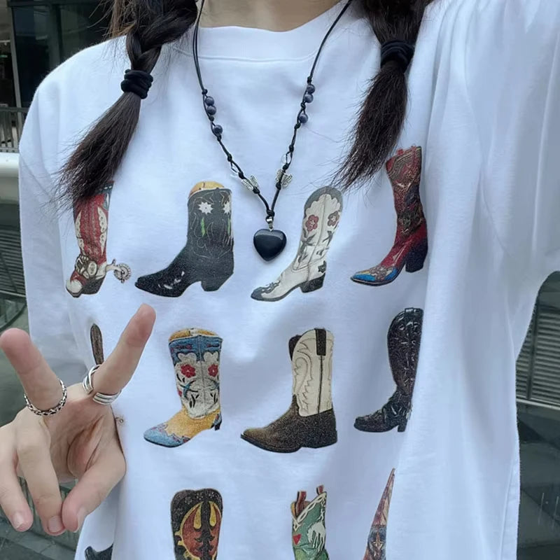 Summer Western Boot Cotton T-Shirt Women Loose Vintage Boho Texas Cowgirl Cowboy Cute Graphic Tees Hippie Oversized Tops