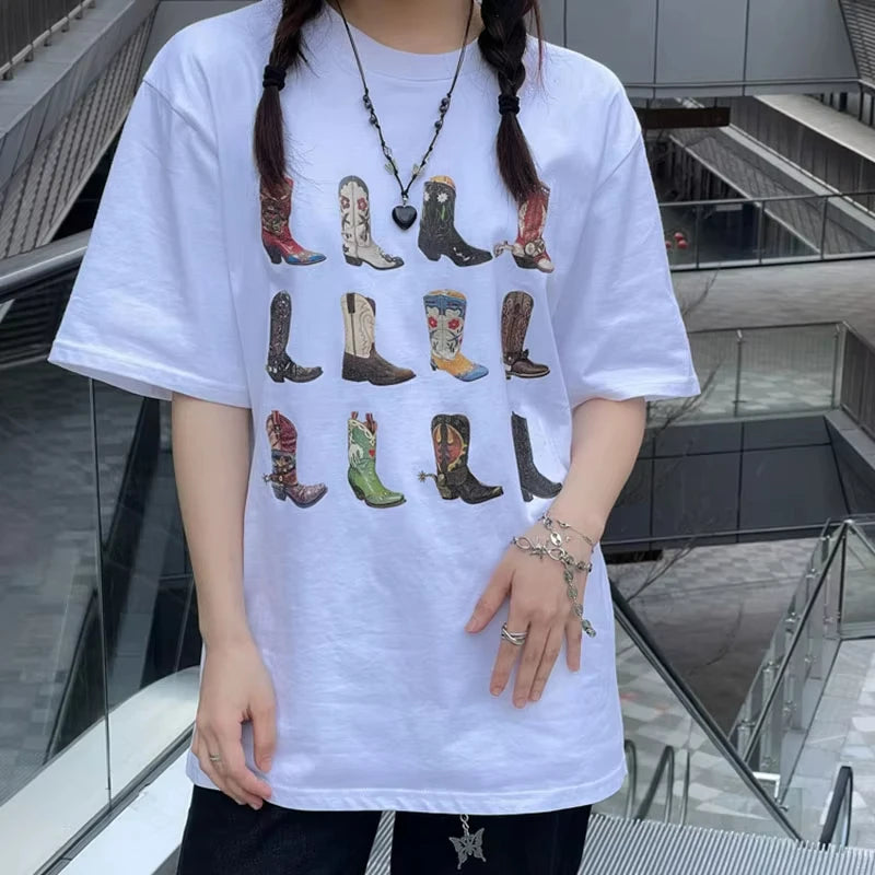 Summer Western Boot Cotton T-Shirt Women Loose Vintage Boho Texas Cowgirl Cowboy Cute Graphic Tees Hippie Oversized Tops