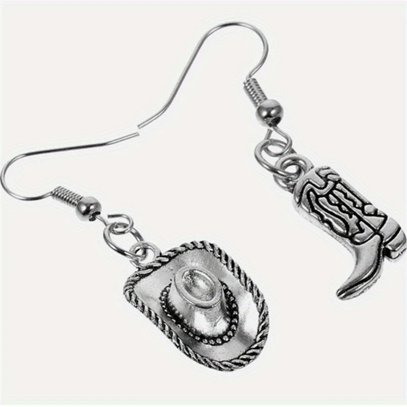 Vintage Style Silvery Cowboy Hat Earrings Cowgirl Boot Pendant Dangle Earrings for Women