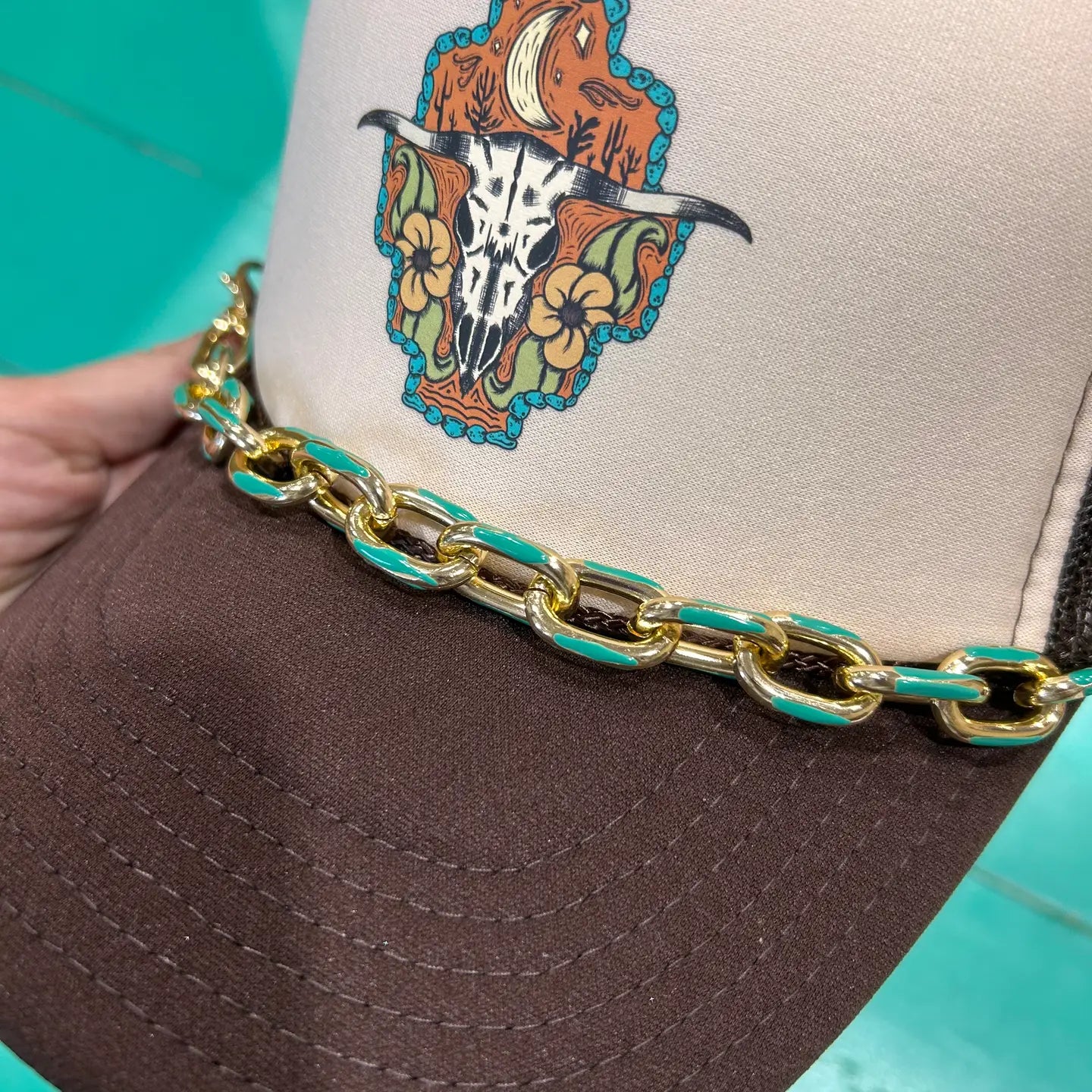 Chunky Teal Enamel Dipped Trucker Chain | Hat Band | Hat Bar