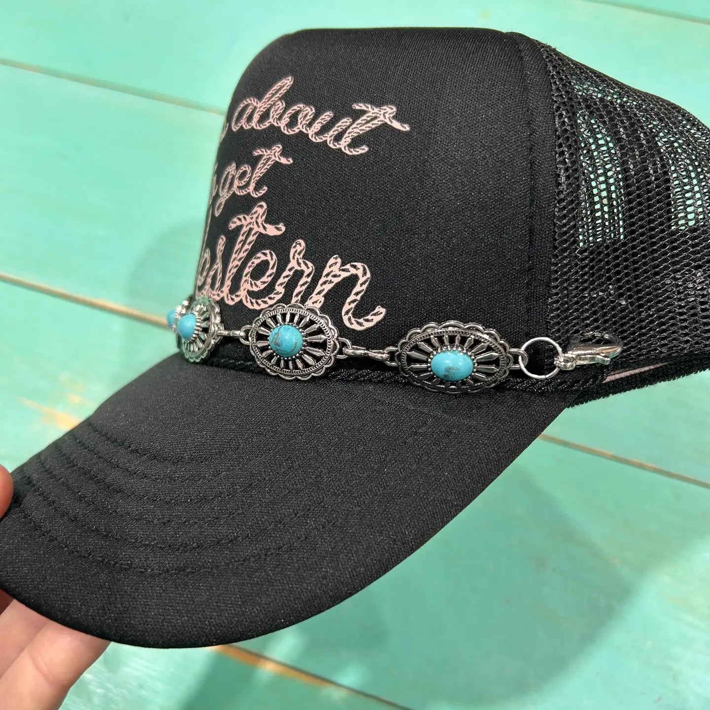 Small Turquoise & Silver Oval Trucker Chain | Hat Band | Cap